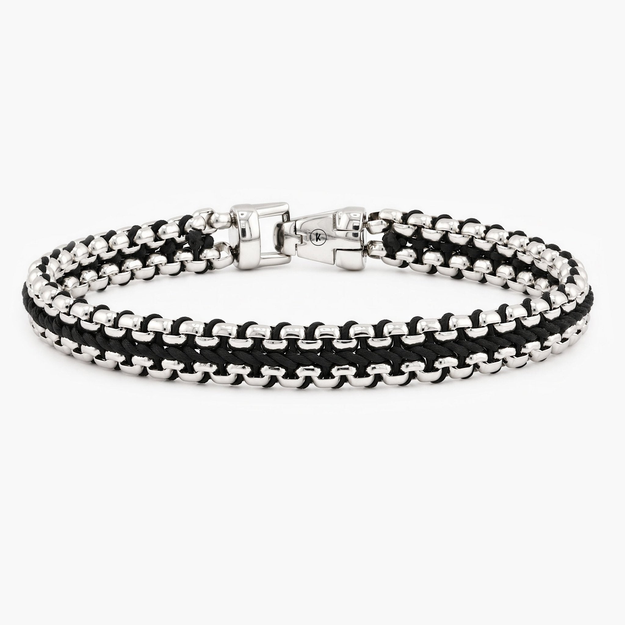 Woven Box Chain Silver Bracelet (Black) - Kompsós