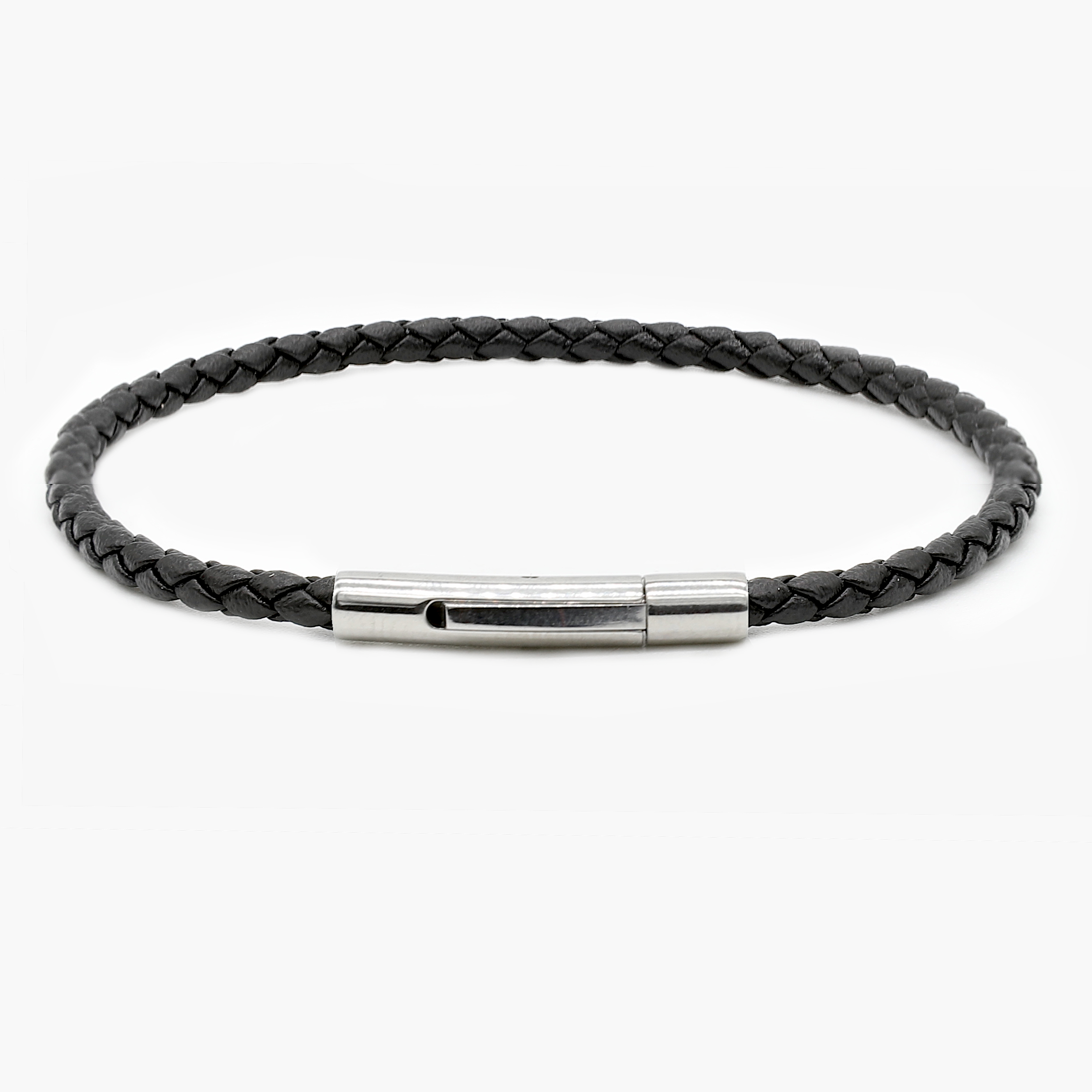 3mm Italian Leather Bracelet With Silver Clasp (Black)-Jewelry-Kompsós