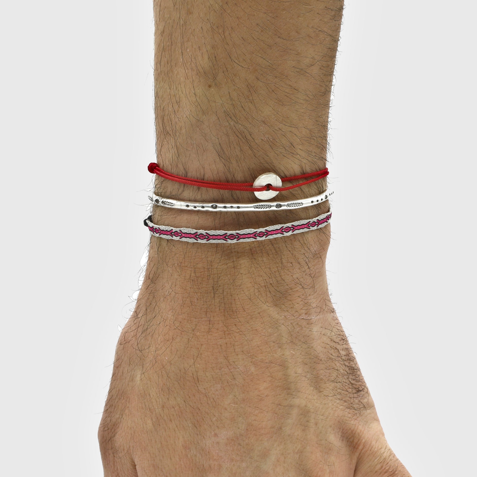 Cord Bracelet With Sterling Silver Round Button (Red)-Jewelry-Kompsós