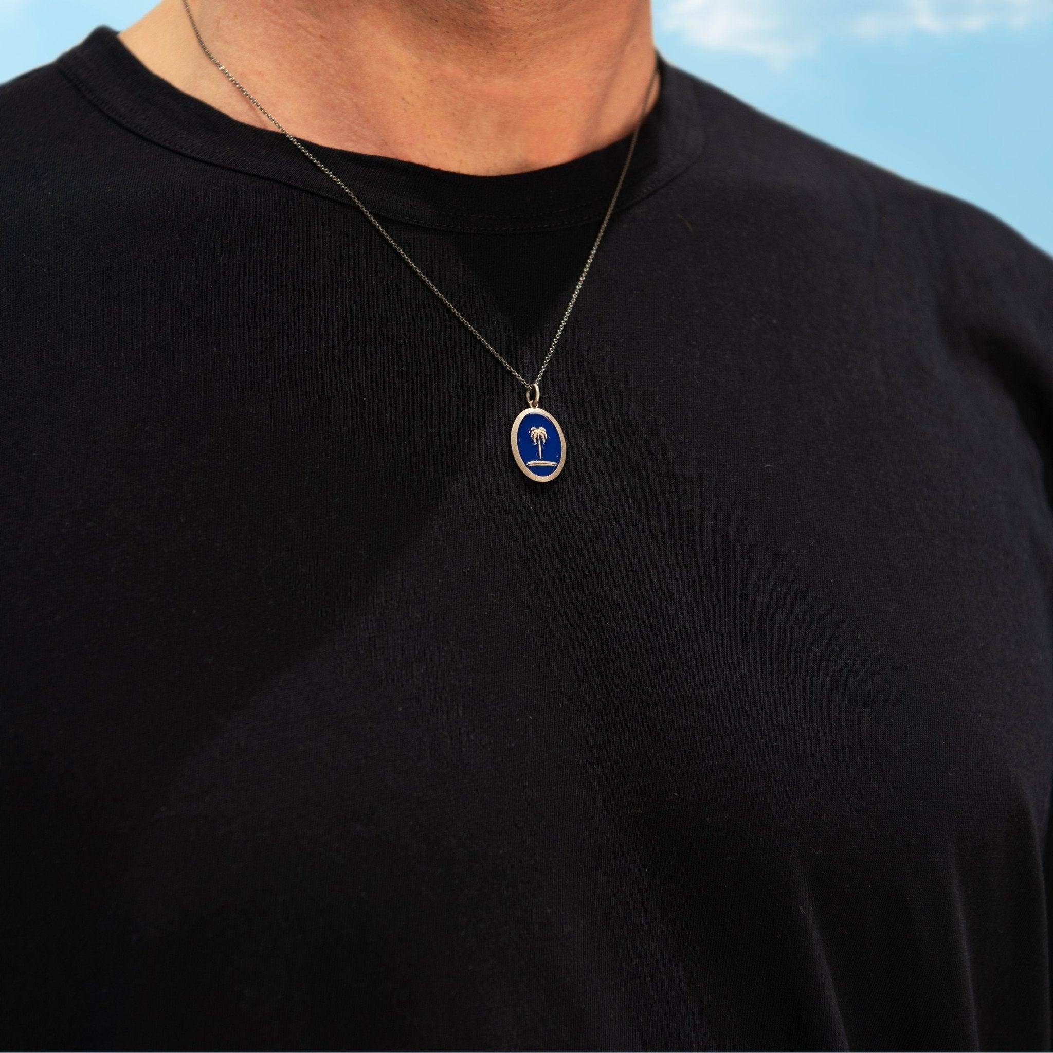 Enamelled Blue Palm Tree Silver Necklace-Necklace-Kompsós