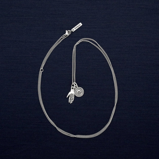 Hamsa & Evil Eye Double Pendants Silver Necklace-Necklace-Kompsós