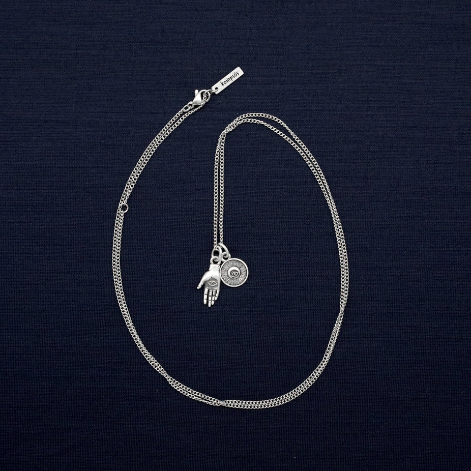 Hamsa & Evil Eye Double Pendants Silver Necklace-Necklace-Kompsós