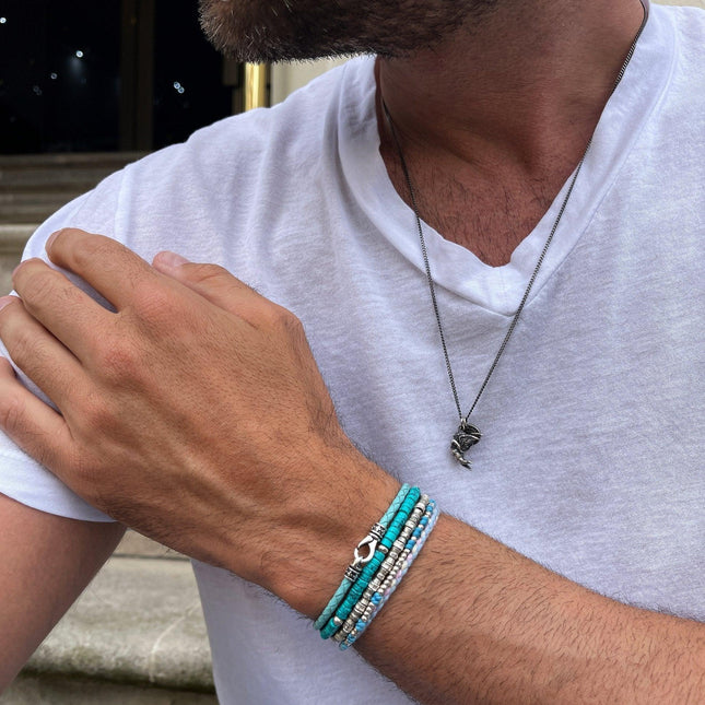 Knot Silver Beads Bracelet (Santorini Blue)-Kompsós