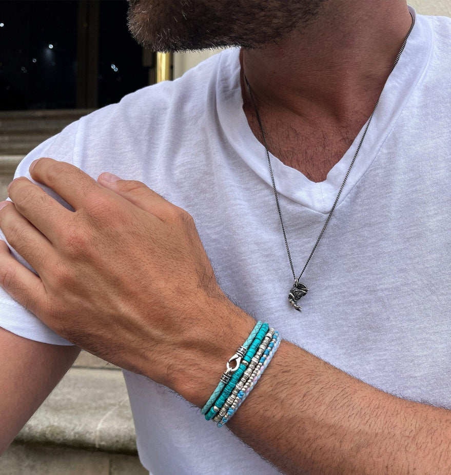 Knot Silver Beads Bracelet (Santorini Blue)-Kompsós