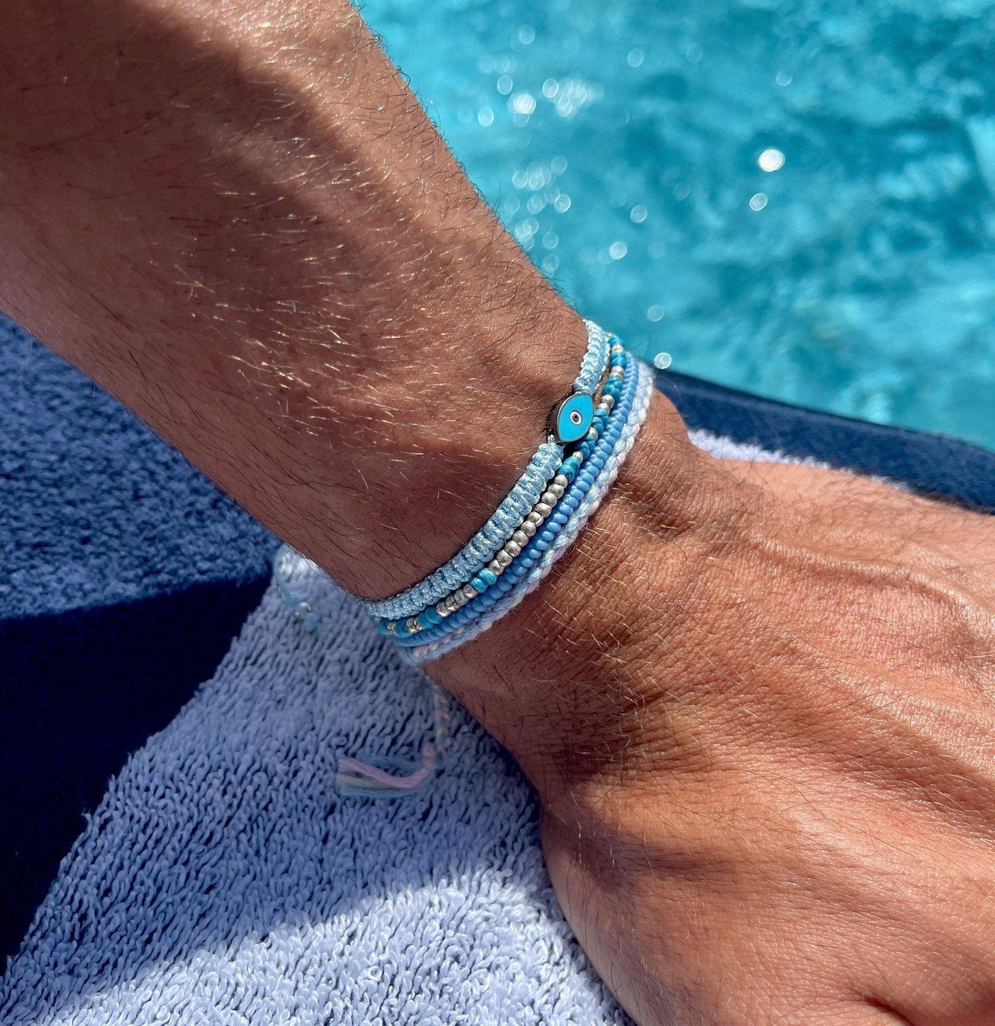 Knot Silver Beads Bracelet (Santorini Blue)-Kompsós