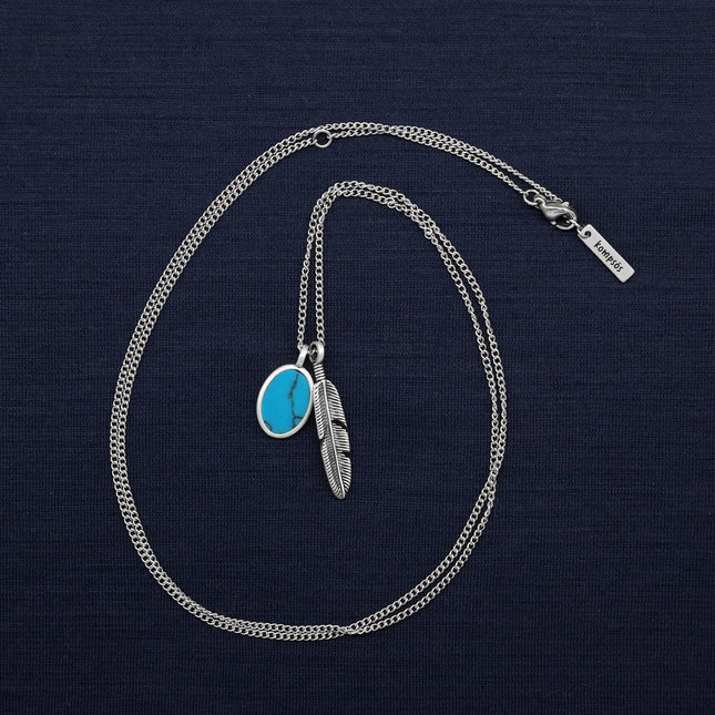 Silver Necklace With Feather And Arizona Turquoise-Necklace-Kompsós