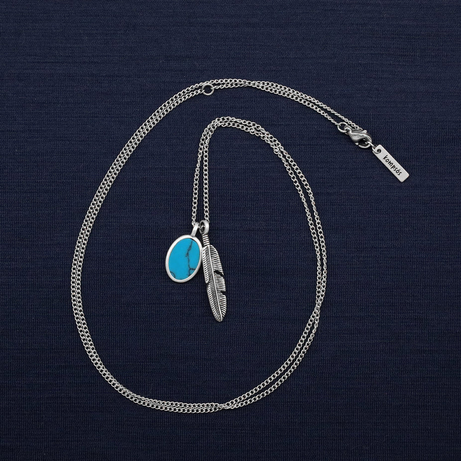 Silver Necklace With Feather And Arizona Turquoise-Necklace-Kompsós