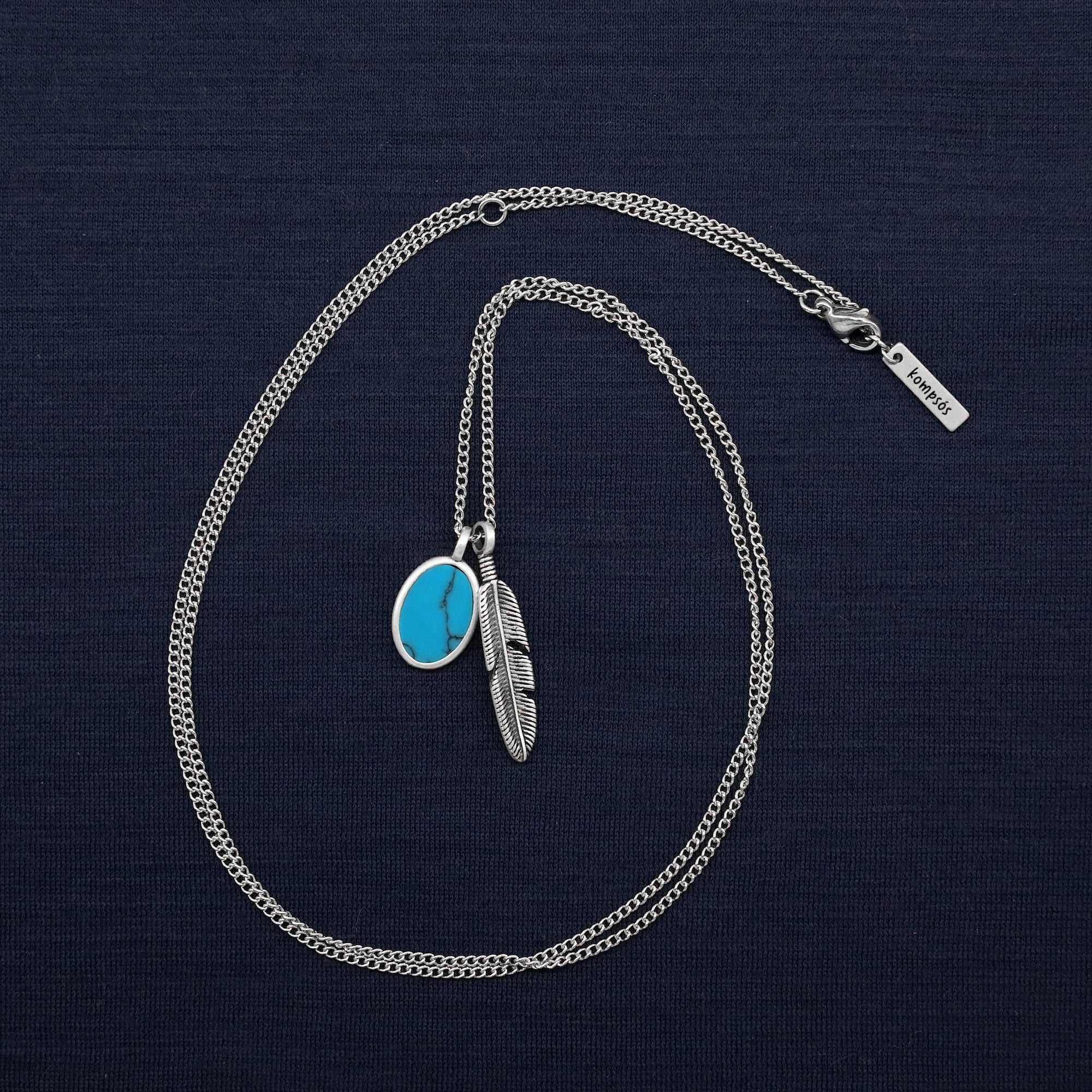 Silver Necklace With Feather And Arizona Turquoise-Necklace-Kompsós