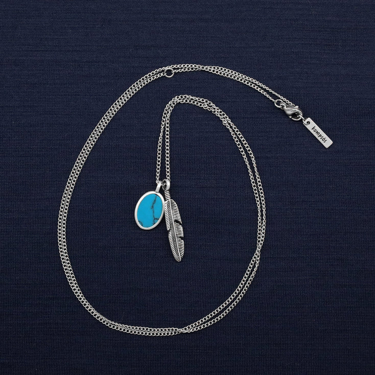 Silver Necklace With Feather And Arizona Turquoise-Necklace-Kompsós
