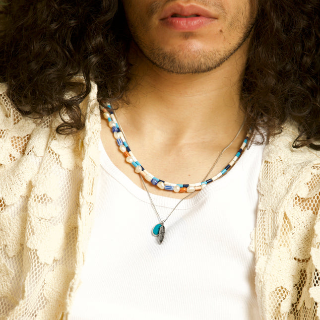 Silver Necklace With Feather And Arizona Turquoise-Necklace-Kompsós