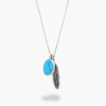 Silver Necklace With Feather And Arizona Turquoise-Necklace-Kompsós